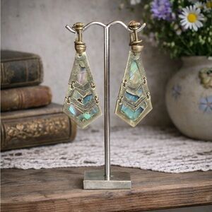 Vintage Sterling Silver Abalone Shell Dangle Screw Back Earrings, Stamped “925”